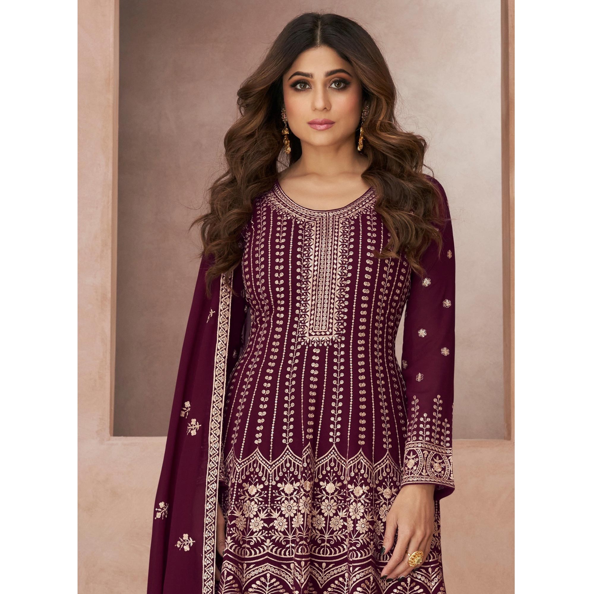 Wine Floral Embroidered Georgette Semi Stitched Suit
