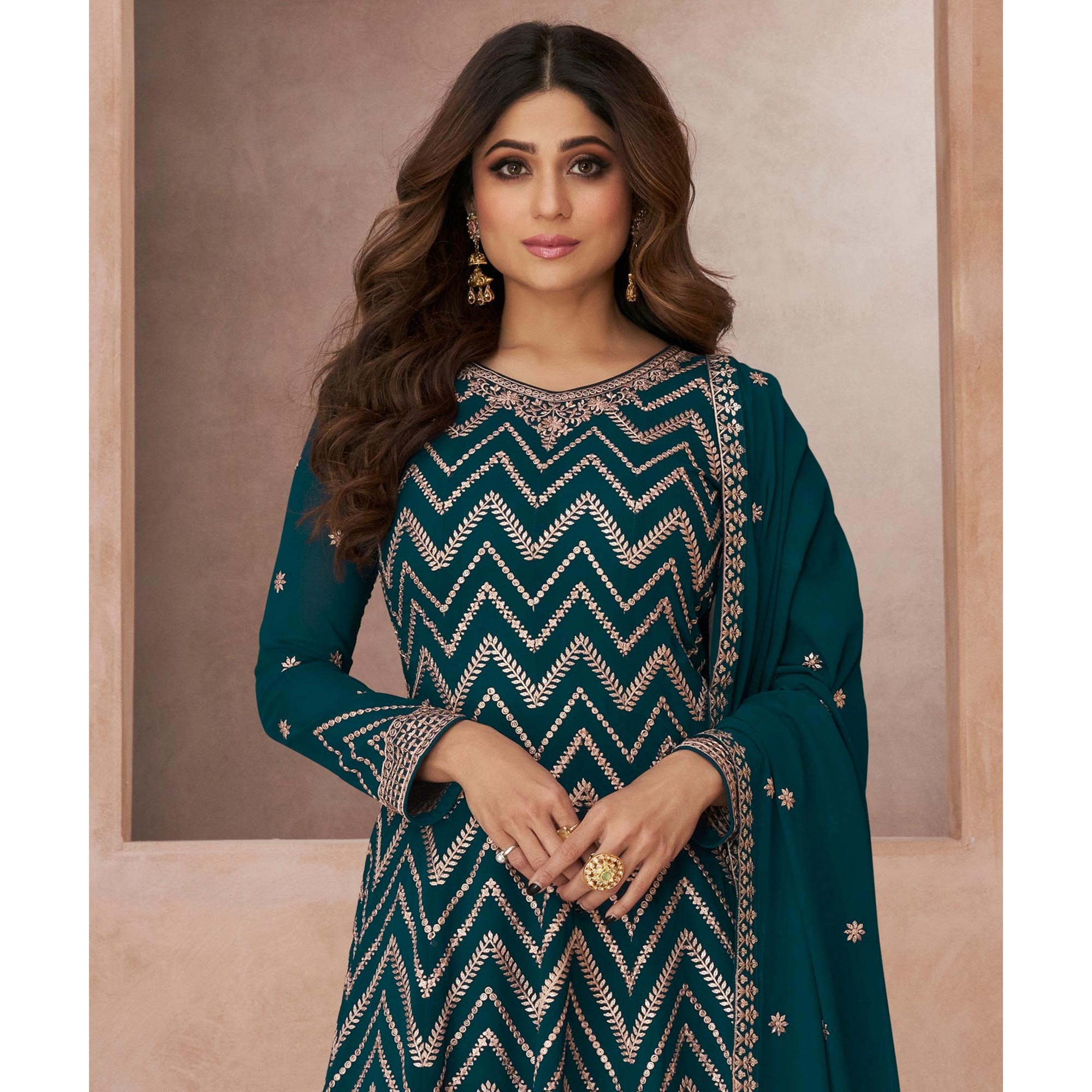 Teal Floral Embroidered Georgette Semi Stitched Suit