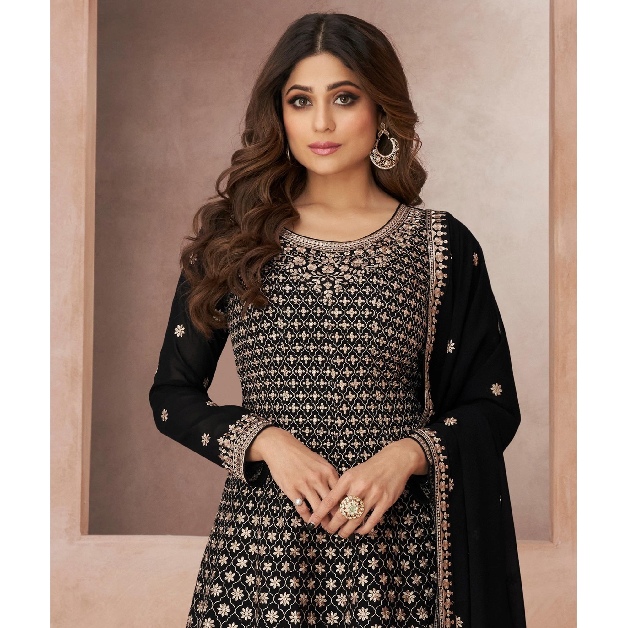 Black Floral Embroidered Georgette Semi Stitched Suit