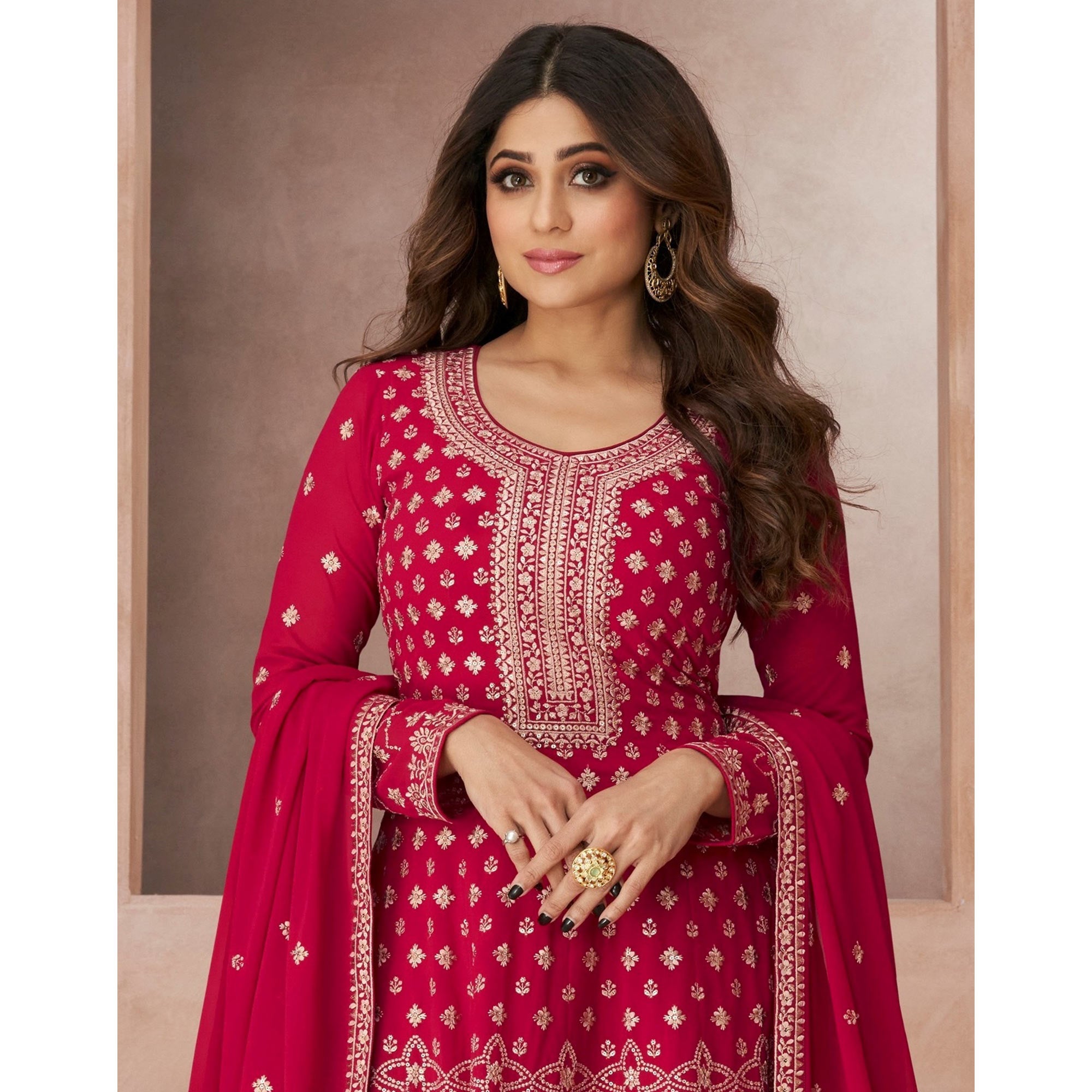 Pink Floral Embroidered Georgette Semi Stitched Suit