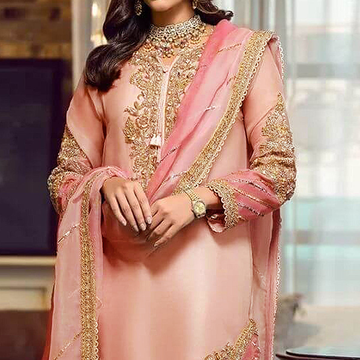 Peach Floral Embroidered Georgette Semi Stitched Pakistani Suit