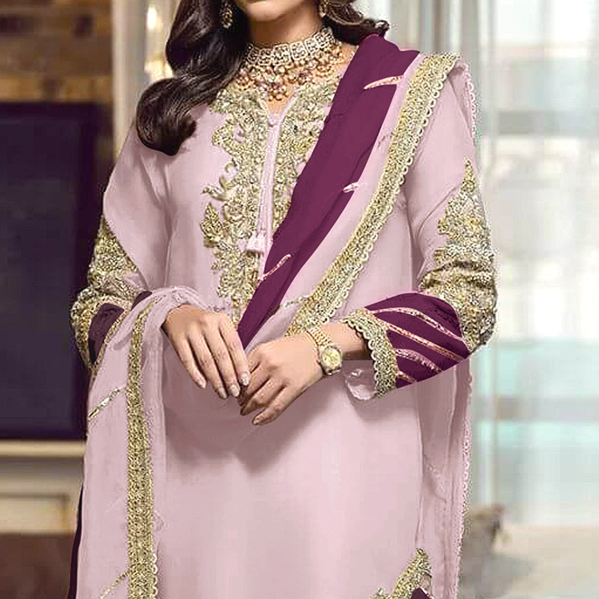 Pink Floral Embroidered Georgette Semi Stitched Pakistani Suit