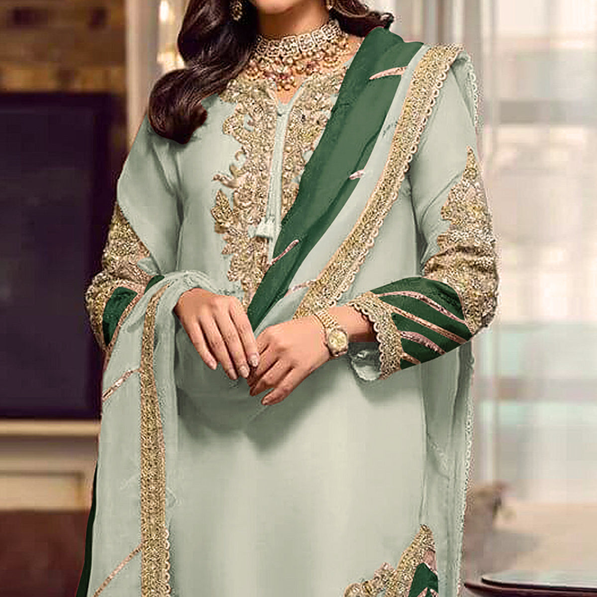 Green Floral Embroidered Georgette Semi Stitched Pakistani Suit