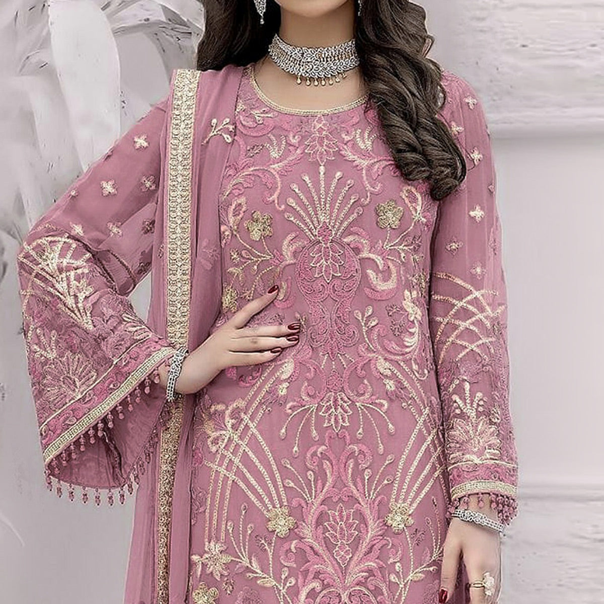 Pastel Pink Floral Embroidered Georgette Semi Stitched Pakistani Suit