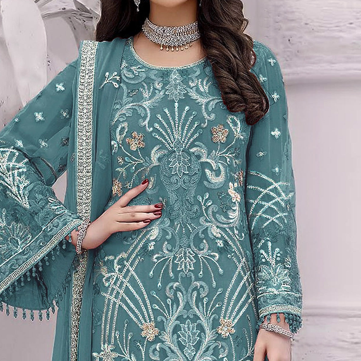 Sky Blue Floral Embroidered Georgette Semi Stitched Pakistani Suit