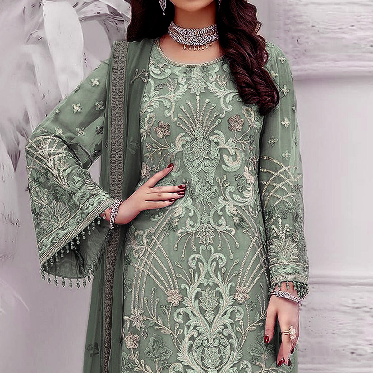 Mint Green Floral Embroidered Georgette Semi Stitched Pakistani Suit