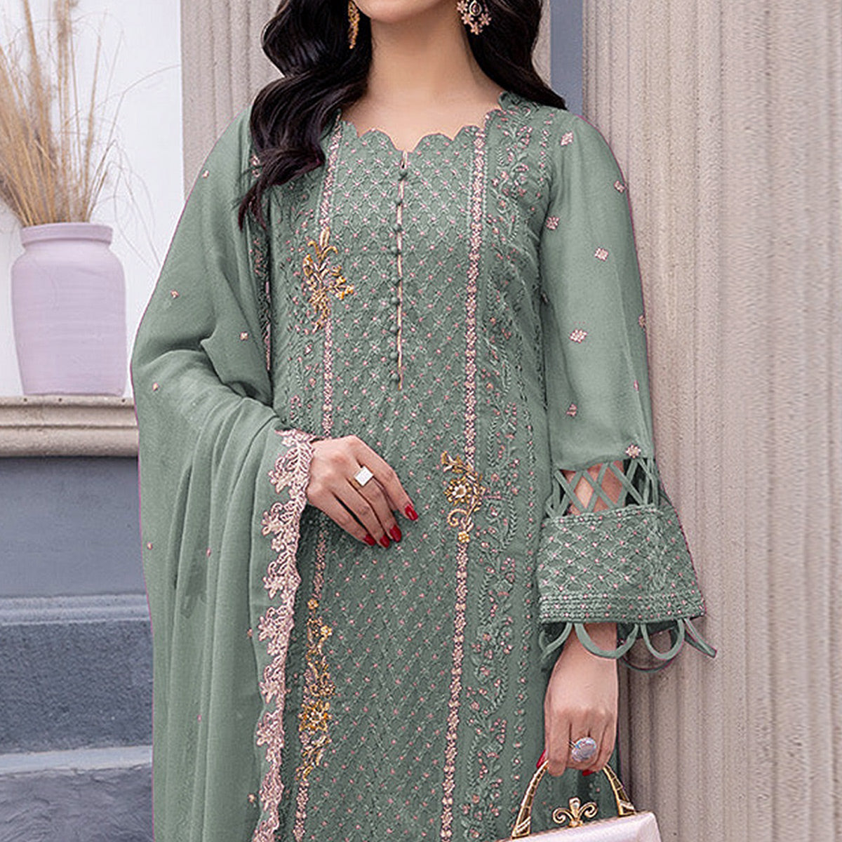 Green Floral Embroidered Georgette Semi Stitched Pakistani Suit