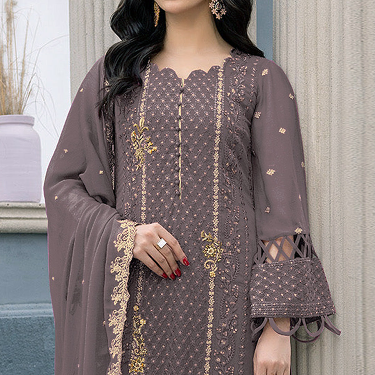 Brownish Mauve Floral Embroidered Georgette Semi Stitched Pakistani Suit