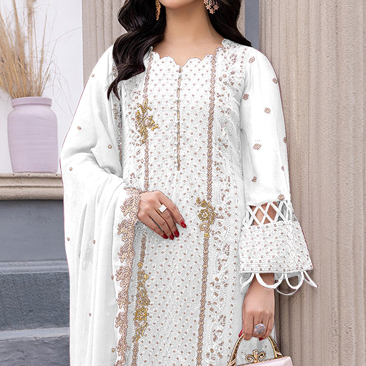 White Floral Embroidered Georgette Semi Stitched Pakistani Suit