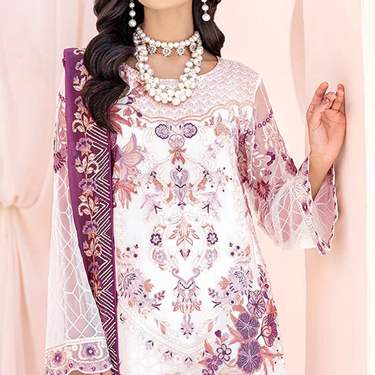 White & Purple Floral Embroidered Georgette Semi Stitched Pakistani Suit