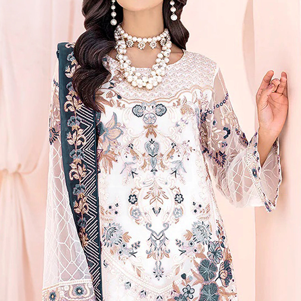 White & Blue Floral Embroidered Georgette Semi Stitched Pakistani Suit