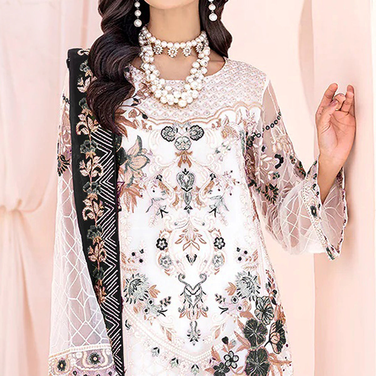White & Black Floral Embroidered Georgette Semi Stitched Pakistani Suit