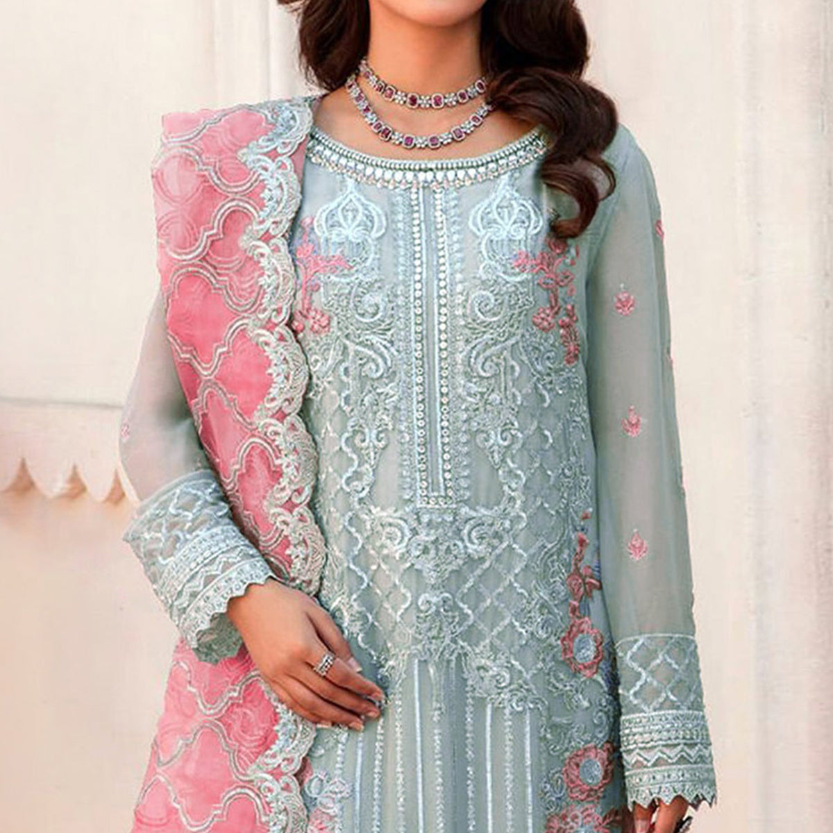 Grey Floral Embroidered Organza Semi Stitched Pakistani Suit