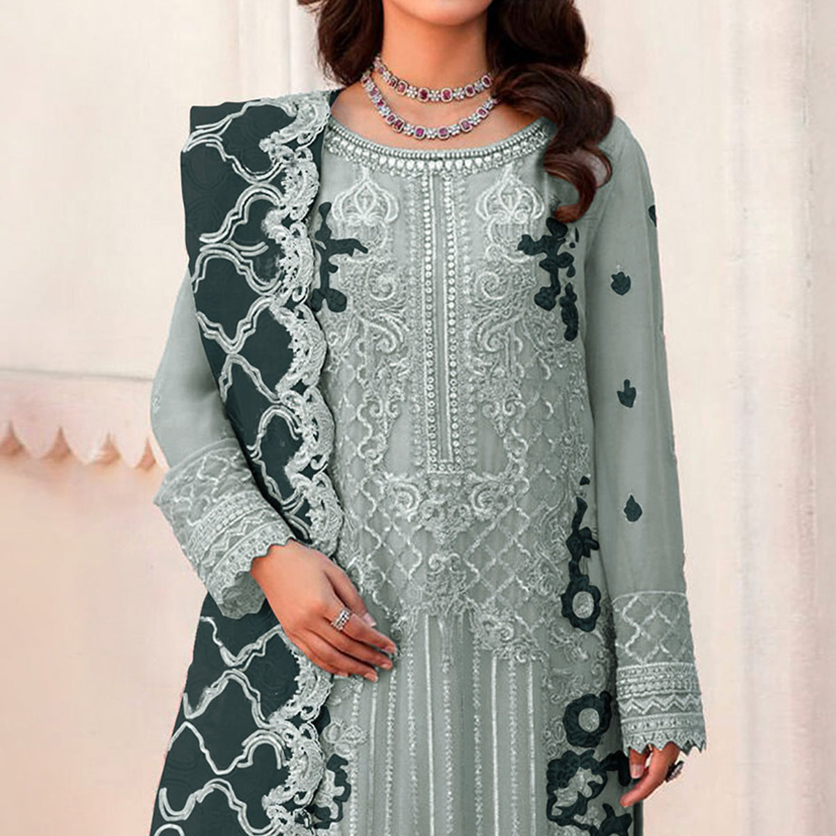 Green Floral Embroidered Organza Semi Stitched Pakistani Suit