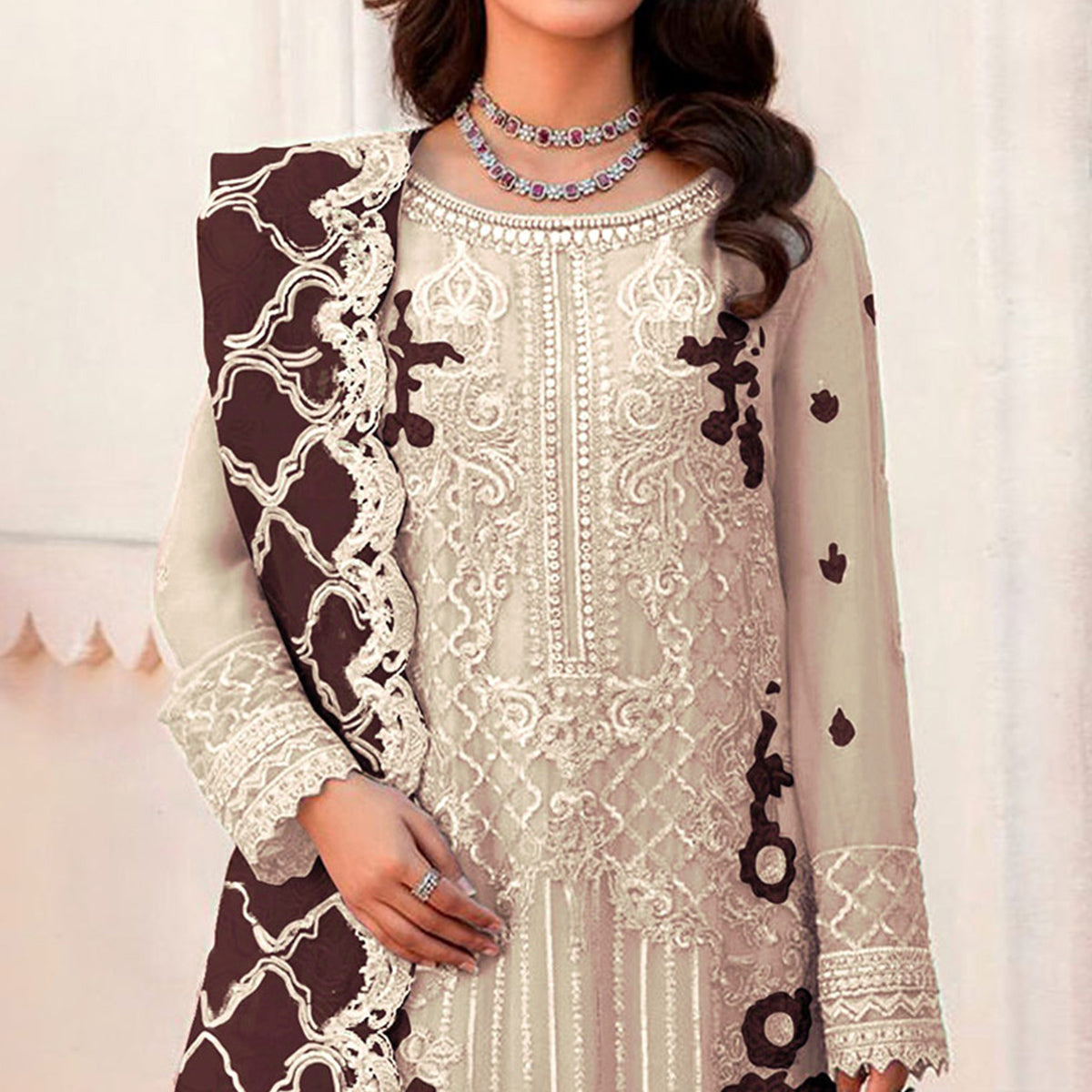 Beige Floral Embroidered Organza Semi Stitched Pakistani Suit