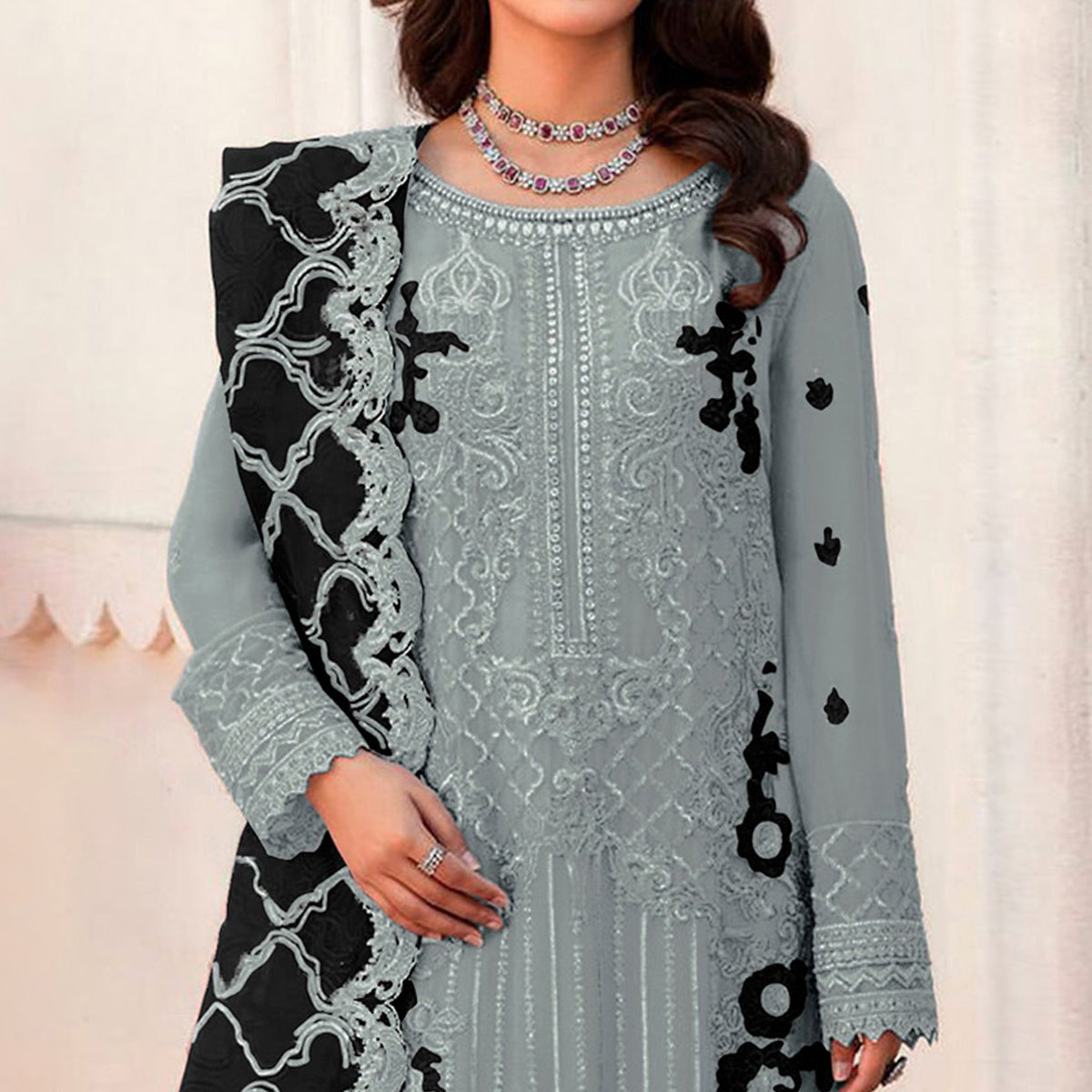 Grey Floral Embroidered Organza Semi Stitched Pakistani Suit