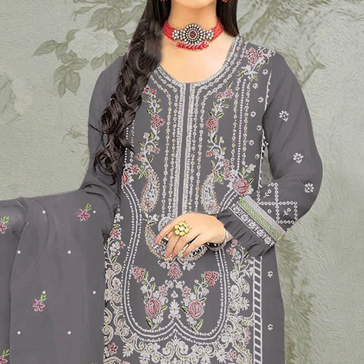 Grey Floral Embroidered Organza Semi Stitched Pakistani Suit