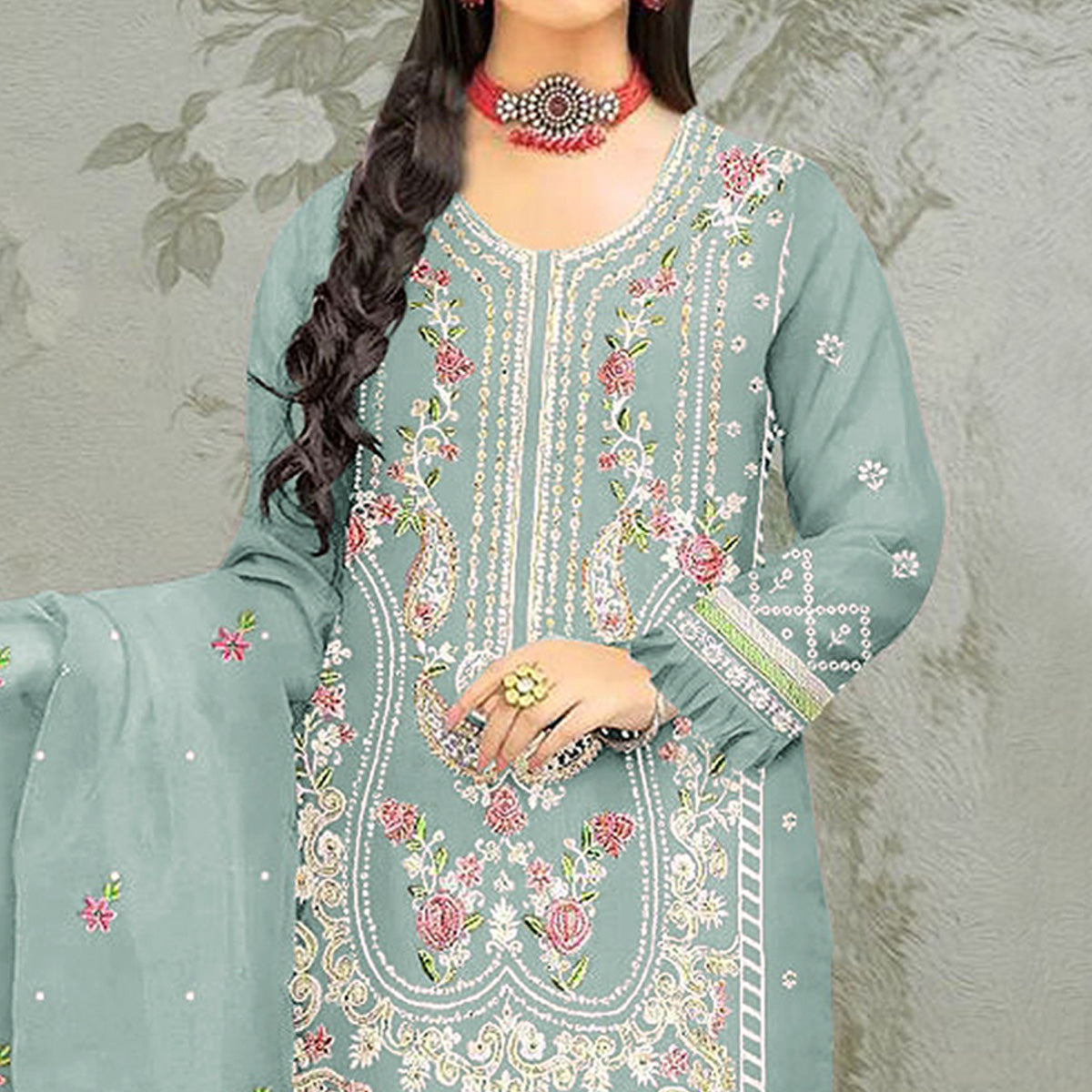 Blue Floral Embroidered Organza Semi Stitched Pakistani Suit