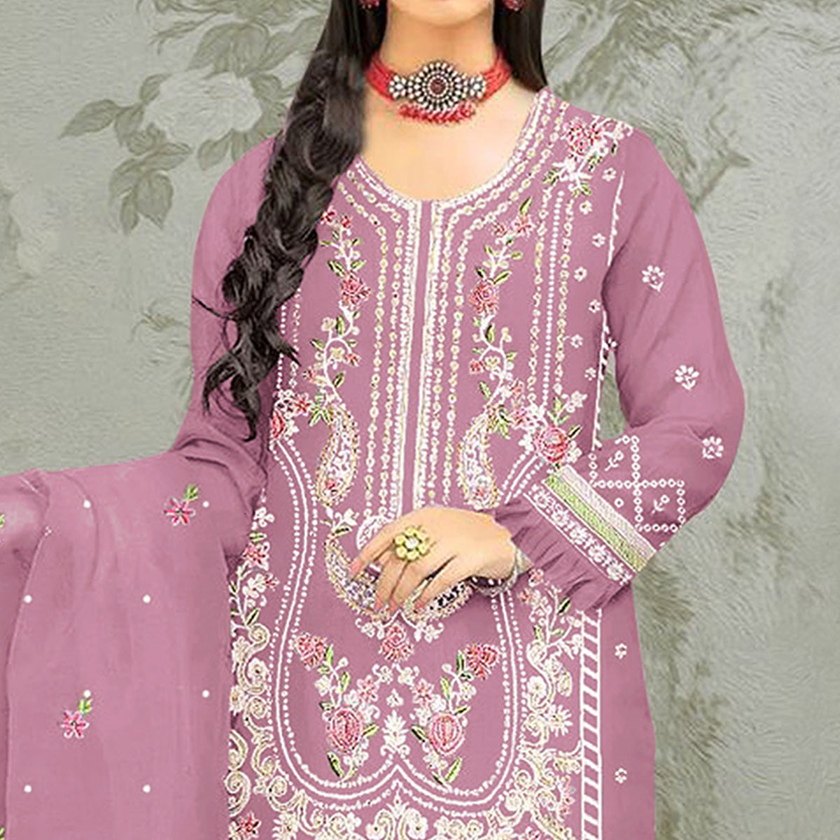 Pink Floral Embroidered Organza Semi Stitched Pakistani Suit