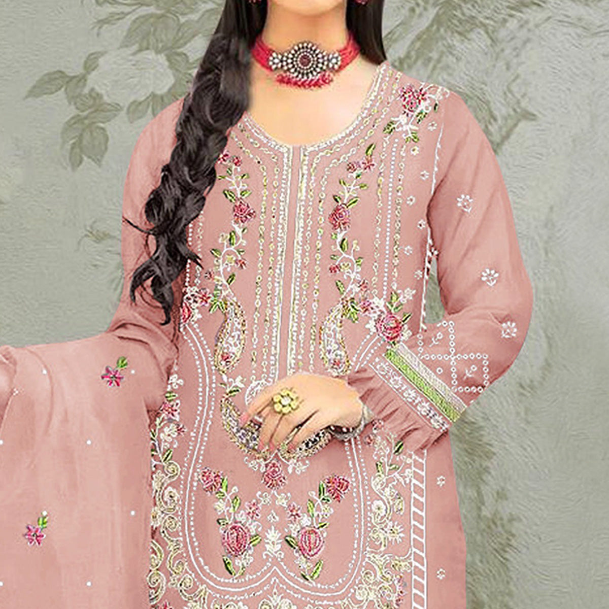 Peach Floral Embroidered Organza Semi Stitched Pakistani Suit