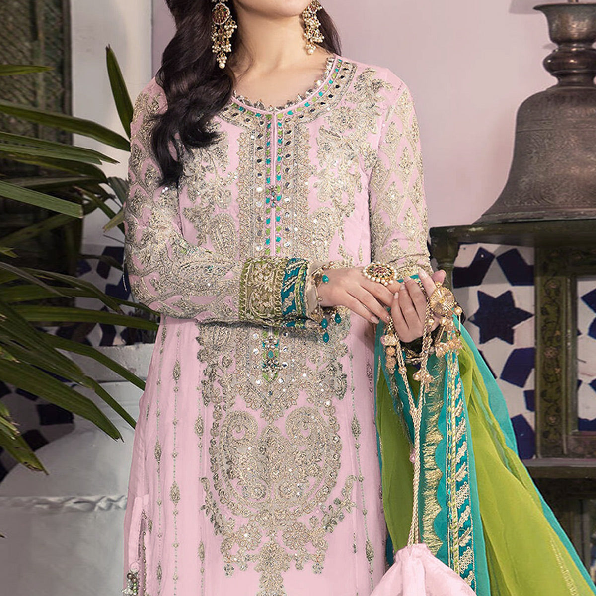 Pink Floral Embroidered Georgette Pakistani Suit