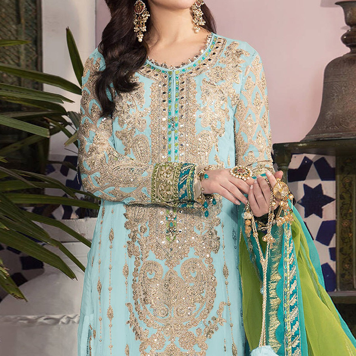 Sky Blue Floral Embroidered Georgette Pakistani Suit