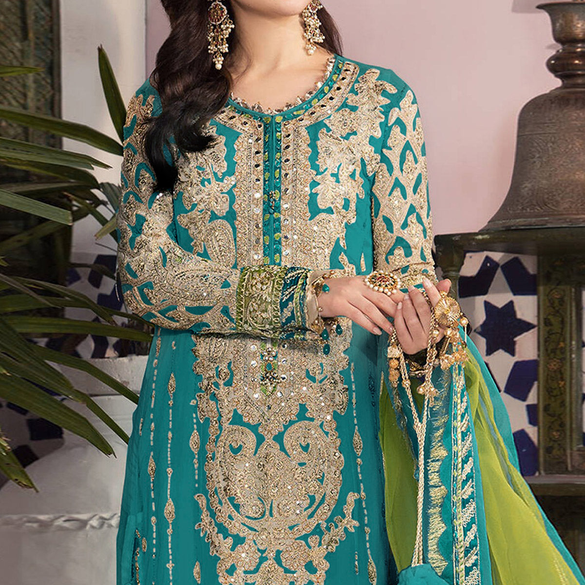 Teal Green Floral Embroidered Georgette Pakistani Suit