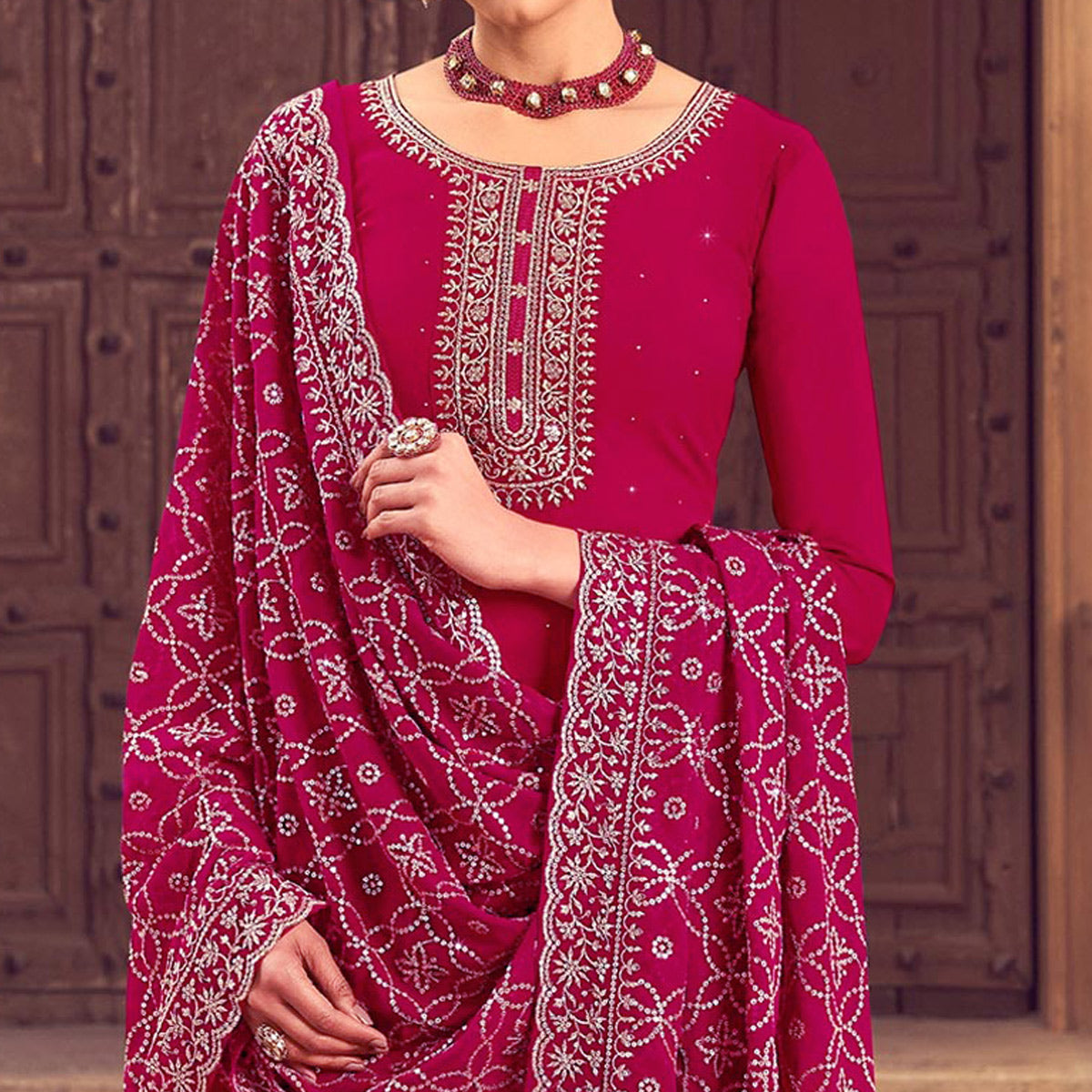 Pink Sequins Embroidered Georgette Semi Stitched Suit
