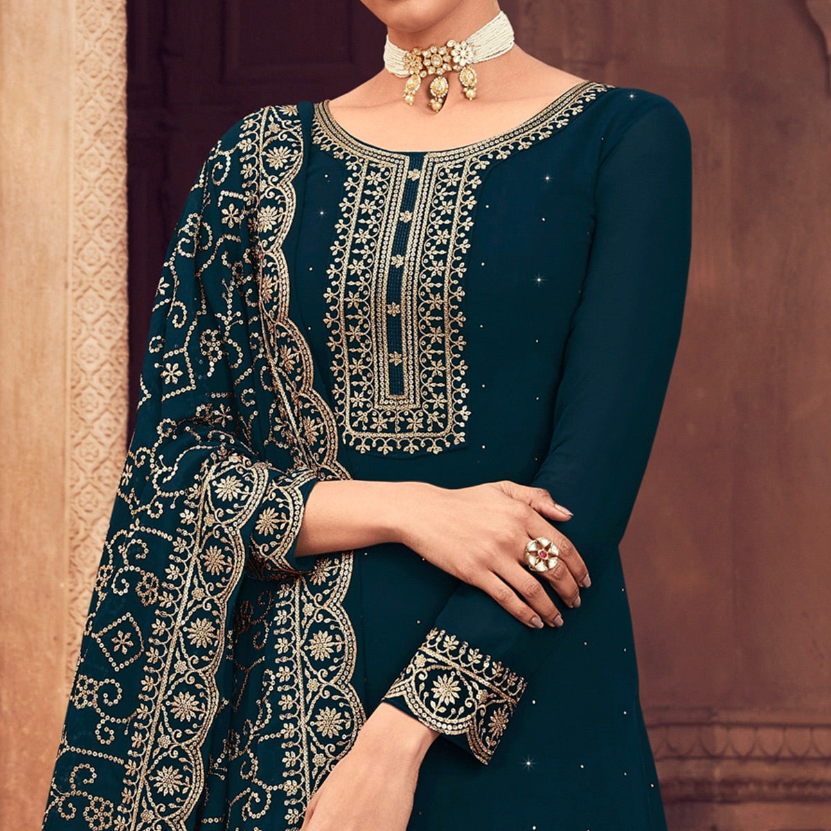 Morpich Sequins Embroidered Georgette Semi Stitched Suit