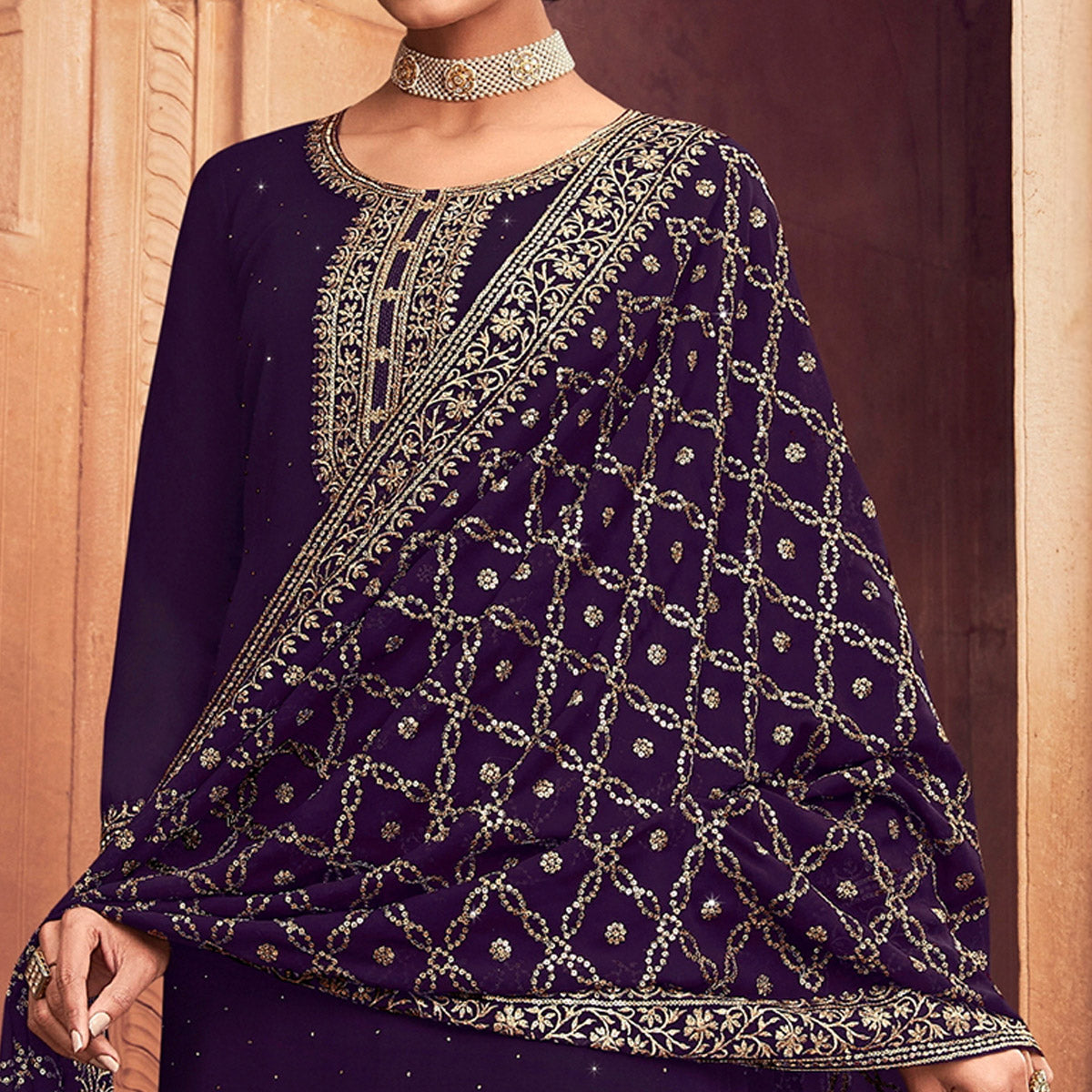 Purple Sequins Embroidered Georgette Semi Stitched Suit