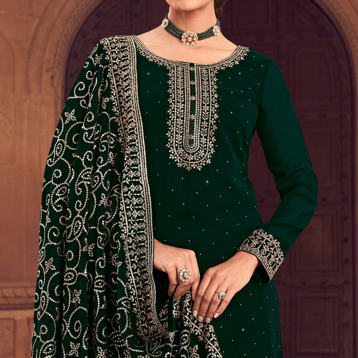 Green Sequins Embroidered Georgette Semi Stitched Suit