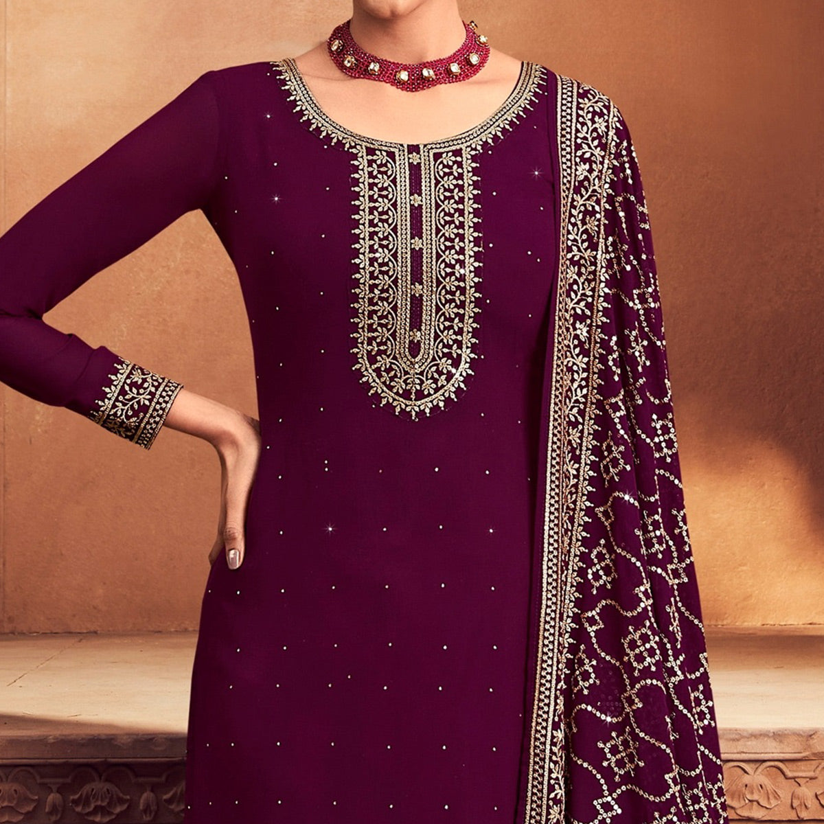 Wine Sequins Embroidered Georgette Semi Stitched Suit