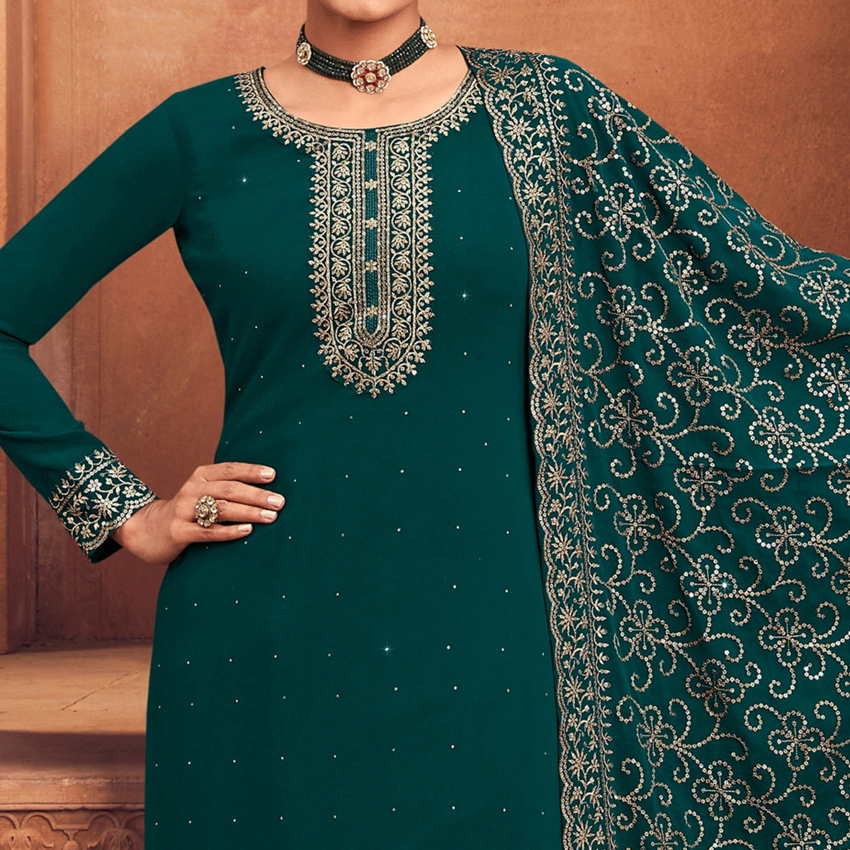 Rama Green Sequins Embroidered Georgette Semi Stitched Suit