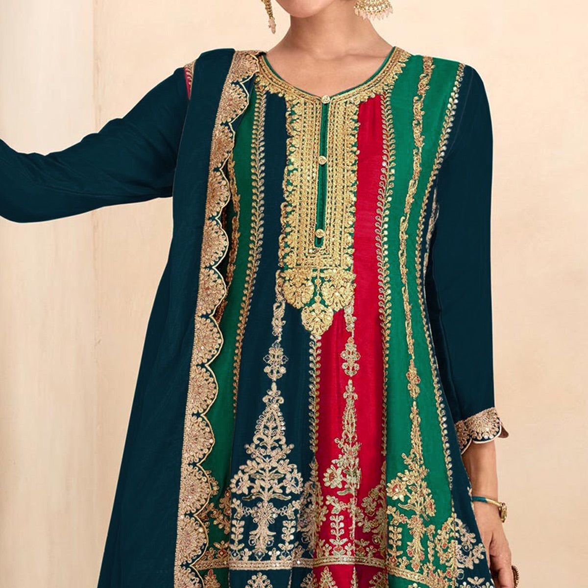 Morpich Sequins Embroidered Chinon Semi Stitched Sharara Suit