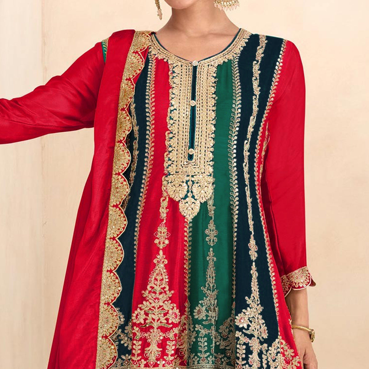 Rani Pink Sequins Embroidered Chinon Semi Stitched Sharara Suit