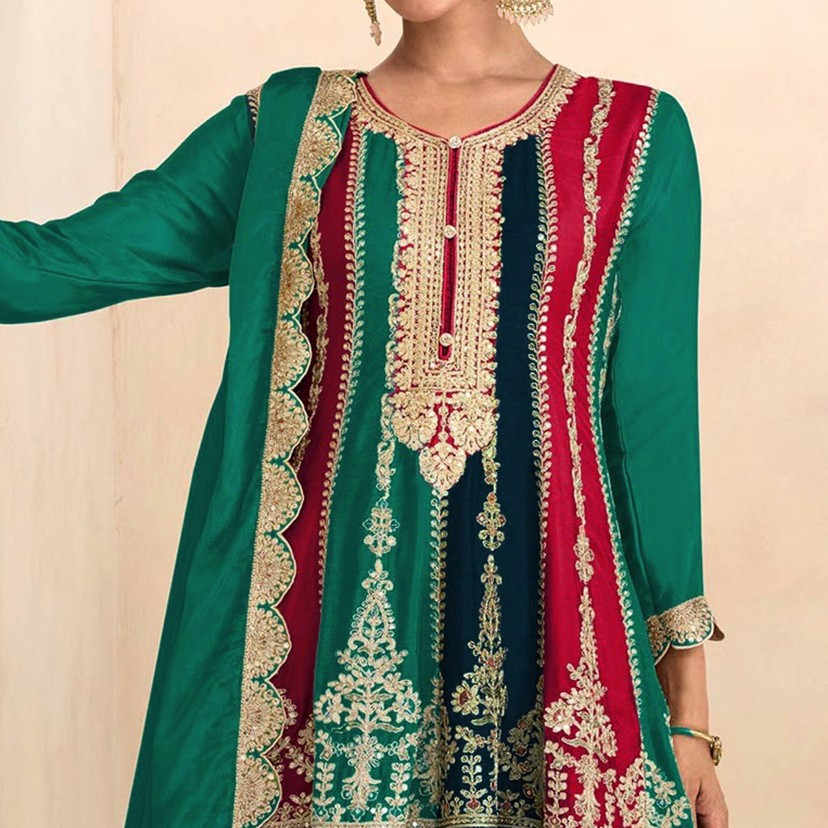 Rama Green Sequins Embroidered Chinon Semi Stitched Sharara Suit