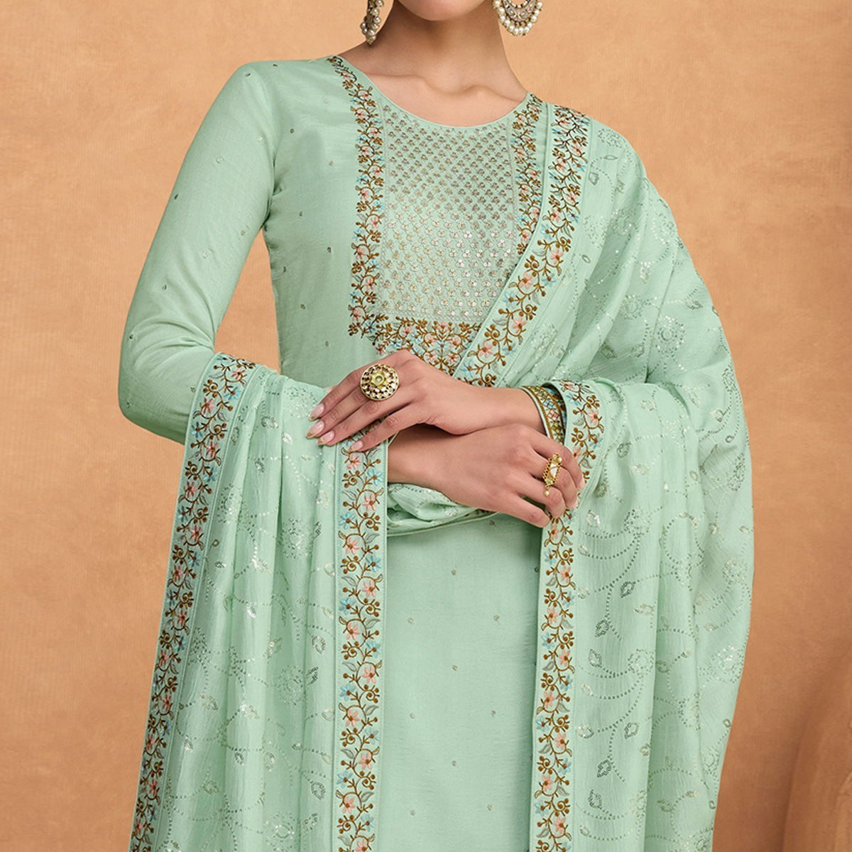 Sea Green Sequins Embroidered Pure Silk Semi Stitched Suit