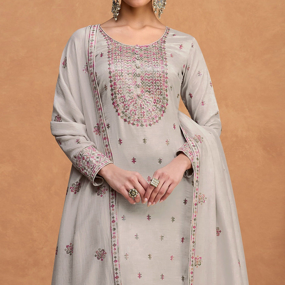 Grey Sequins Embroidered Pure Silk Semi Stitched Suit