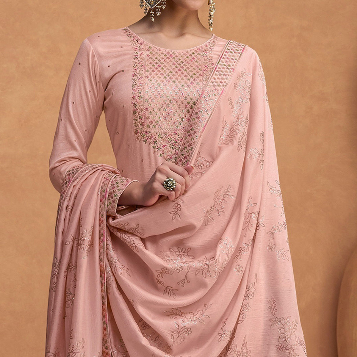 Peach Sequins Embroidered Pure Silk Semi Stitched Suit