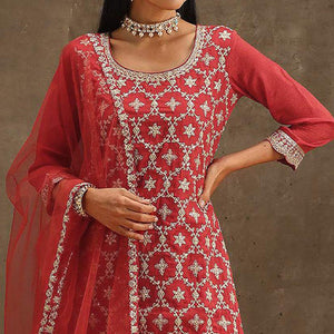 Red Embroidered Georgette Semi Stitched Suit
