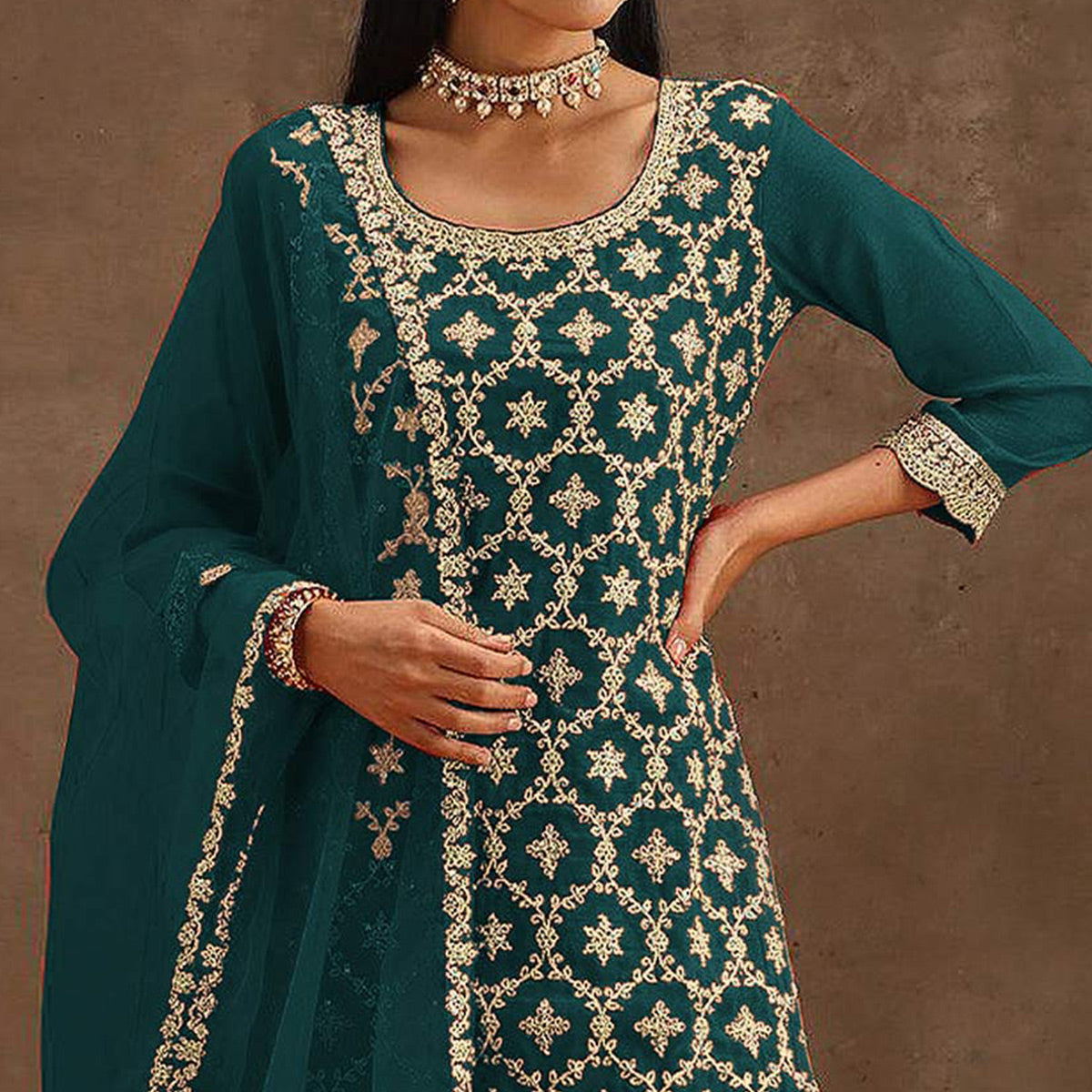 Green Embroidered Georgette Semi Stitched Suit