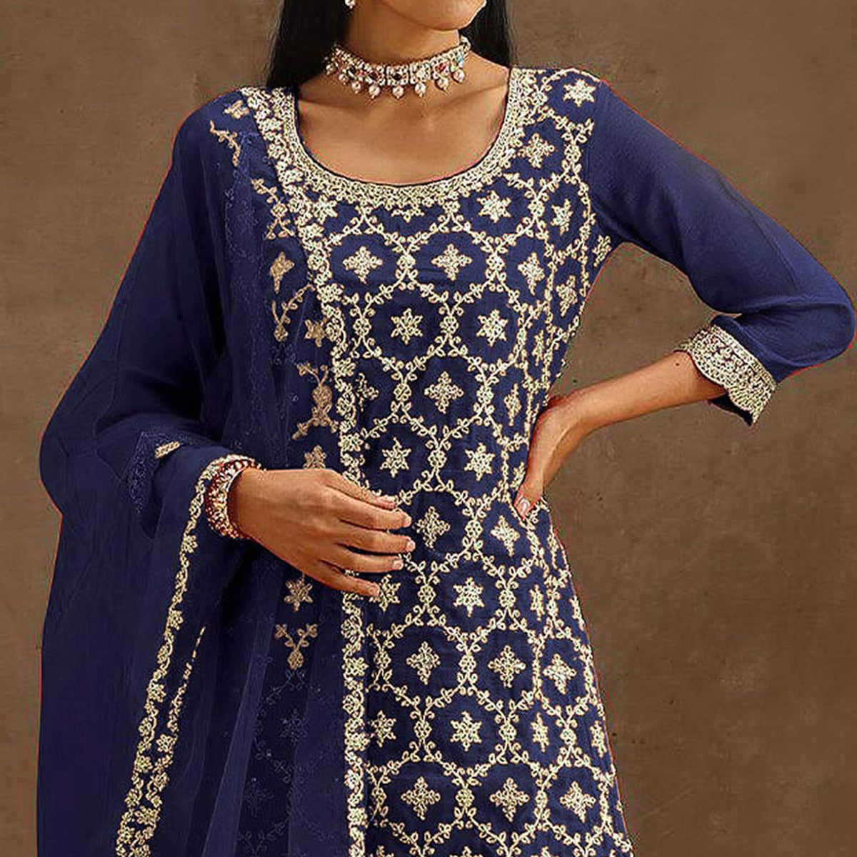 Blue Embroidered Georgette Semi Stitched Suit