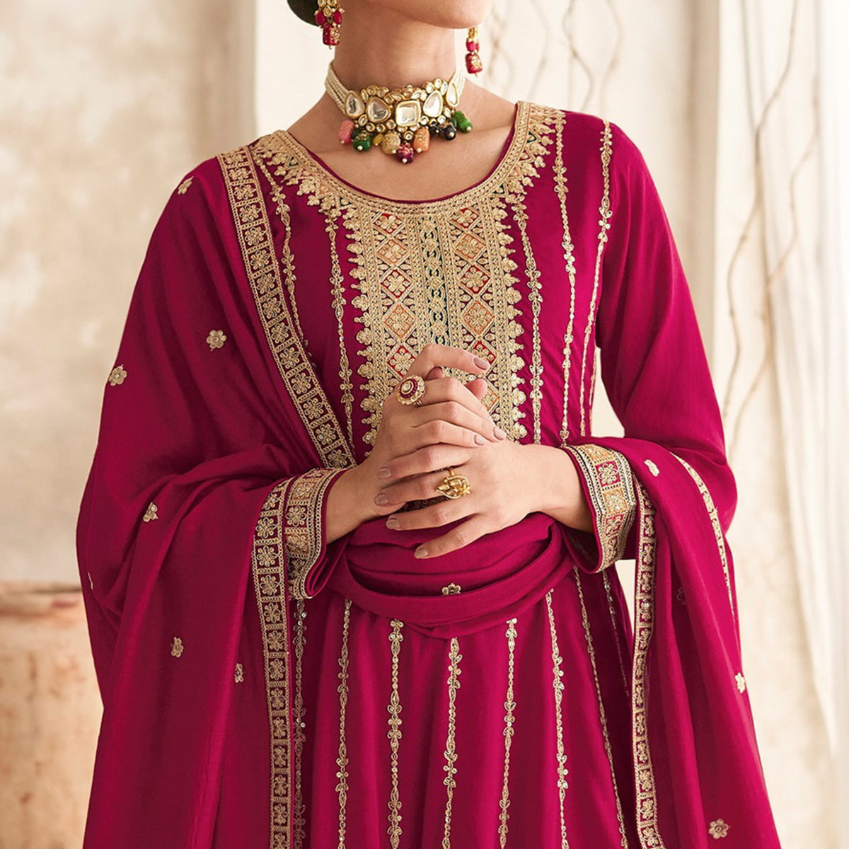 Magenta Sequins Embroidered Georgette Semi Stitched Anarkali Suit