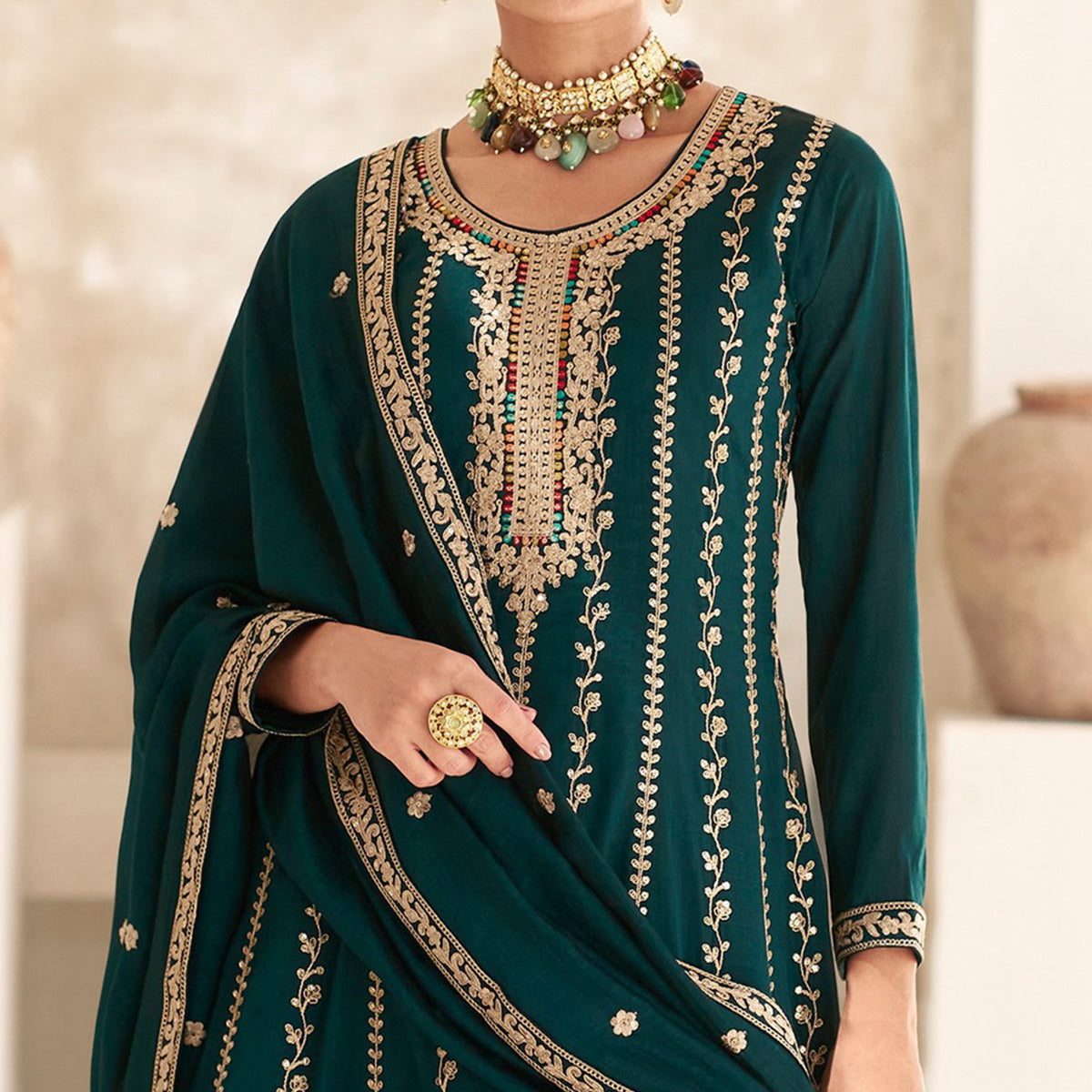 Green Sequins Embroidered Georgette Semi Stitched Anarkali Suit
