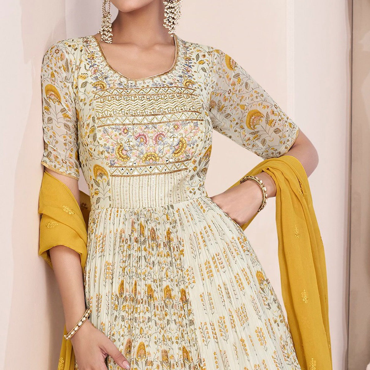 Cream Embroidered With Printed Georgette Semi Stitched Anarkali Suit