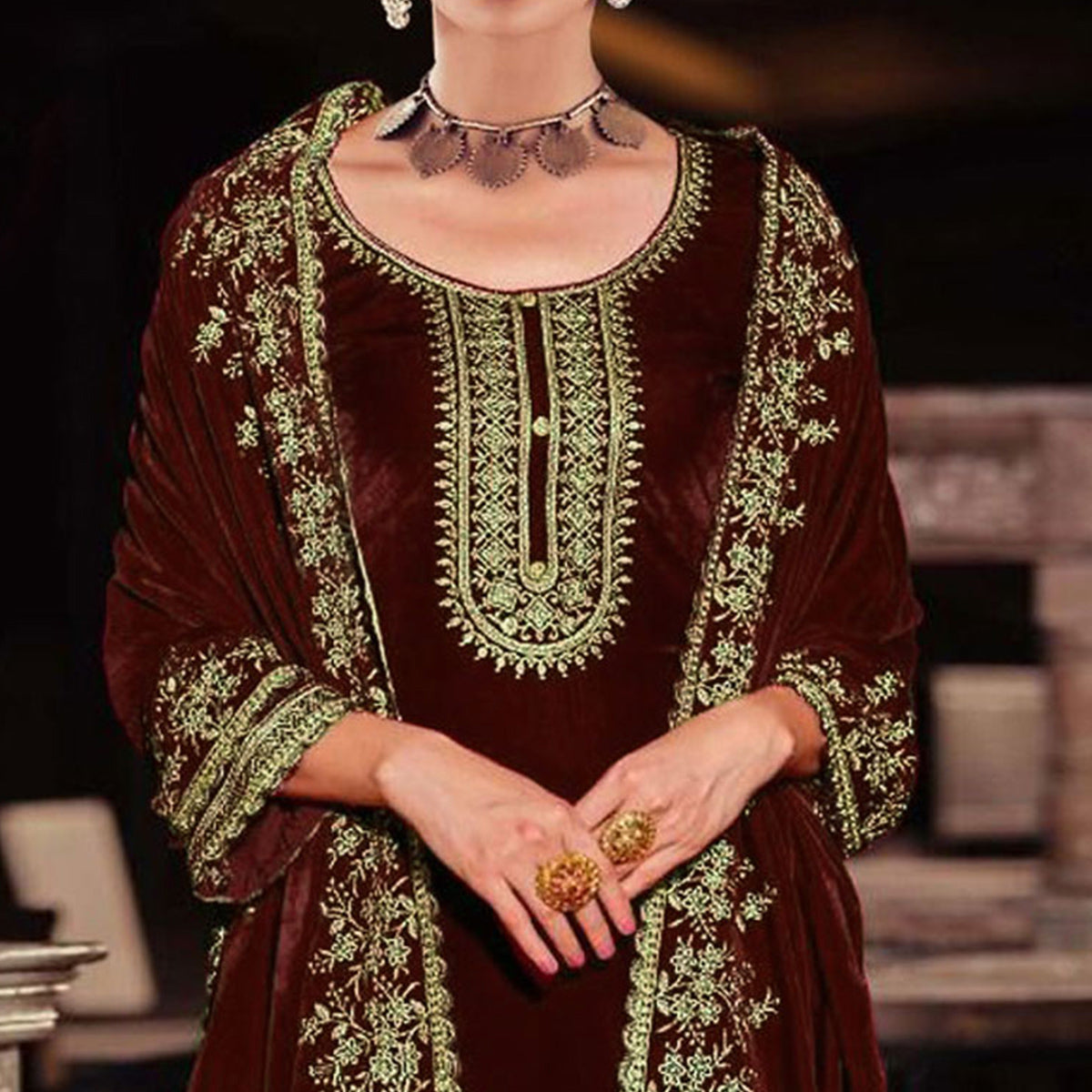 Maroon Floral Embroidered Velvet Semi Stitched Suit