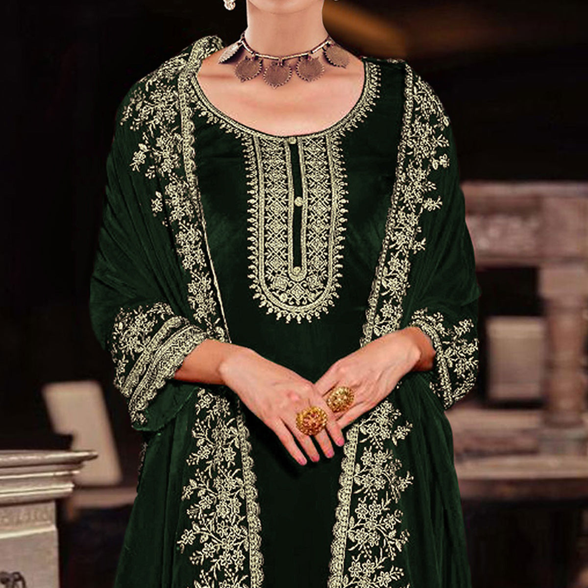 Green Floral Embroidered Velvet Semi Stitched Suit