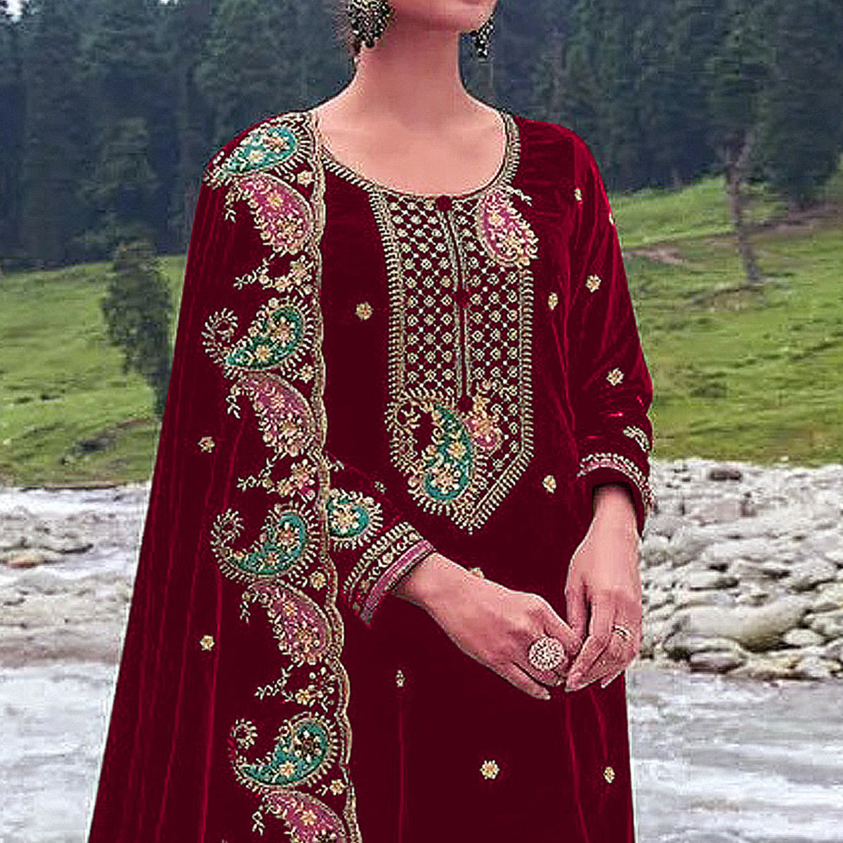 Maroon Floral Embroidered Velvet Semi Stitched Salwar Suit