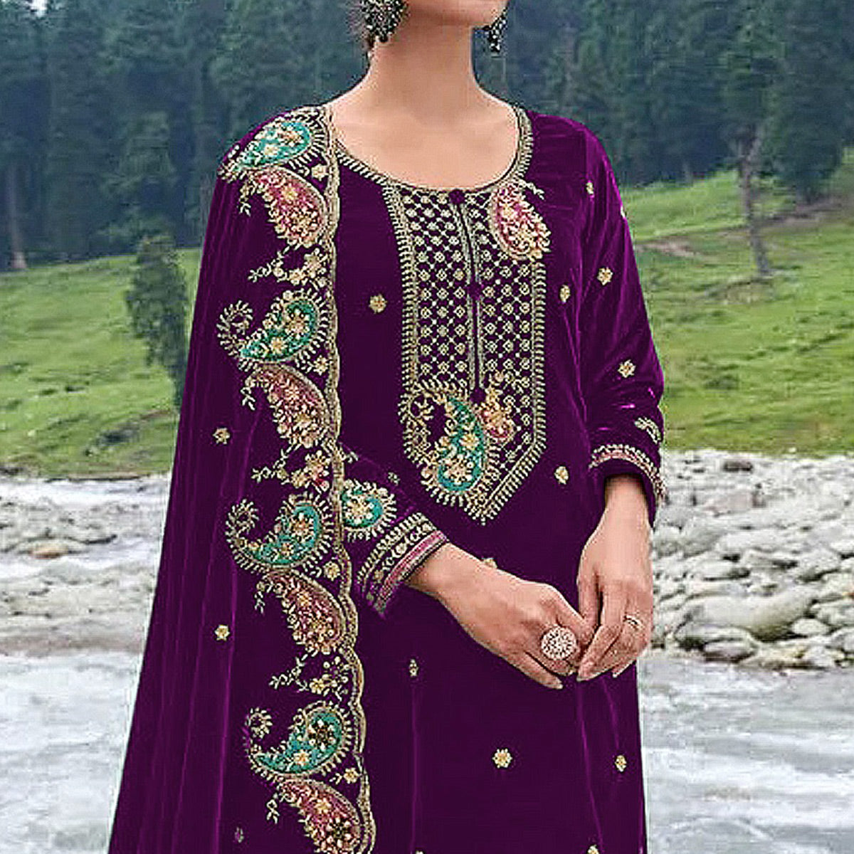 Purple Floral Embroidered Velvet Semi Stitched Salwar Suit