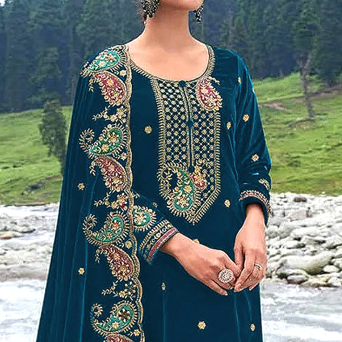 Teal Blue Floral Embroidered Velvet Semi Stitched Salwar Suit